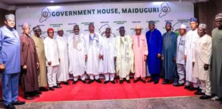 Borno State Governor, Prof. Babagana Umara Zulum, and the Minister of State,Ministry of Regional Development, Hon. Uba Maigari Ahamadu, Chairman House Committee on NEDC, NEDC Chairman/Board Members and MD NEDC in a group photograph with other dignitaries at the courtesy call on the Governor in Maiduguri, Borno State Capital