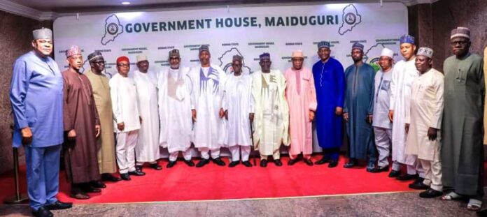 Courtesy Visit To Borno Governor Borno State Governor, Prof. Babagana Umara Zulum, and the Minister of State,Ministry of Regional Development, Hon. Uba Maigari Ahamadu, Chairman House Committee on NEDC, NEDC Chairman/Board Members and MD NEDC in a group photograph with other dignitaries at the courtesy call on the Governor in Maiduguri, Borno State Capital