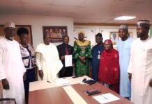 From 2nd Left: Mrs. Anisere Dele; Dr. Iziaq Adekunle Salako Honourable Minister of State for Health & Social Welfare; Dr. Anisere Dele, Registrar Dental Therapists' Registration Board of Nigeria DThRBN; Daju Kachollom mni, Permanent Secretary; Dr. Salaudeen Jimoh mni, Director Hospital Services Department