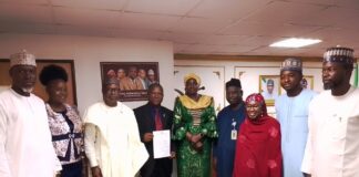 From 2nd Left: Mrs. Anisere Dele; Dr. Iziaq Adekunle Salako Honourable Minister of State for Health & Social Welfare; Dr. Anisere Dele, Registrar Dental Therapists' Registration Board of Nigeria DThRBN; Daju Kachollom mni, Permanent Secretary; Dr. Salaudeen Jimoh mni, Director Hospital Services Department