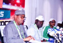From L-R; Chairman, National Sports Commission, Mallam Shehu Dikko, Director-General National Sports Commission, Hon. Bukola Olopade and the Director, Media and Publicity Unit of NSC, Dr. Kehinde Ajayi during a world press conference by the leadership of NSC today, on the ongoing National Sports Festival, Ogun 2024, at the LOC secretariat, Abeokuta, Ogun state