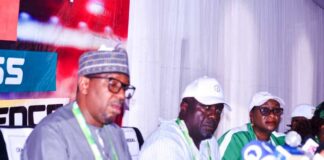 From L-R; Chairman, National Sports Commission, Mallam Shehu Dikko, Director-General National Sports Commission, Hon. Bukola Olopade and the Director, Media and Publicity Unit of NSC, Dr. Kehinde Ajayi during a world press conference by the leadership of NSC today, on the ongoing National Sports Festival, Ogun 2024, at the LOC secretariat, Abeokuta, Ogun state