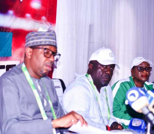 From L-R; Chairman, National Sports Commission, Mallam Shehu Dikko, Director-General National Sports Commission, Hon. Bukola Olopade and the Director, Media and Publicity Unit of NSC, Dr. Kehinde Ajayi during a world press conference by the leadership of NSC today, on the ongoing National Sports Festival, Ogun 2024, at the LOC secretariat, Abeokuta, Ogun state