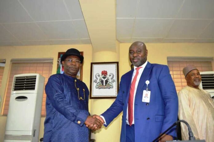 FCT Seeks RMAFCS Backing To Access Funding L-R: Chairman, Fiscal Efficiency and Budget Committee (RMAFC), Amb. Desmond Akawor and Acting Executive Chairman, FCT-IRS, Mr. Micheal Ango at the RMAFC Headquarters, Abuja.
