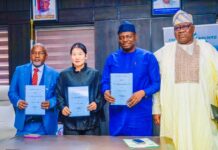 2nd Right, Honourable Minister of Humanitarian Affairs and Poverty Reduction, Professor Nentawe Goshwe Yilwatda, 1st left, Honourable Minister of State Dr Yusuf Tanko Sununu, 1st Right, Permanent Secretary, Dr Yakubu Adam Kofarmata and the Chairman/ CEO CIG MOTORS Co. Ltd Chief Diana Chen, during the signing ceremony of the MOU on automobile repairs and maintenance training for trainees of Skill to Wealth programme, held on Thursday 8th May, 2025 at the Ministry' s Headquarters Abuja