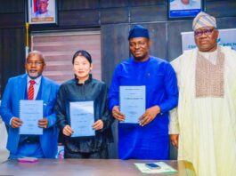 2nd Right, Honourable Minister of Humanitarian Affairs and Poverty Reduction, Professor Nentawe Goshwe Yilwatda, 1st left, Honourable Minister of State Dr Yusuf Tanko Sununu, 1st Right, Permanent Secretary, Dr Yakubu Adam Kofarmata and the Chairman/ CEO CIG MOTORS Co. Ltd Chief Diana Chen, during the signing ceremony of the MOU on automobile repairs and maintenance training for trainees of Skill to Wealth programme, held on Thursday 8th May, 2025 at the Ministry' s Headquarters Abuja