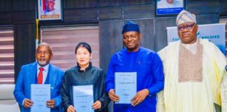 2nd Right, Honourable Minister of Humanitarian Affairs and Poverty Reduction, Professor Nentawe Goshwe Yilwatda, 1st left, Honourable Minister of State Dr Yusuf Tanko Sununu, 1st Right, Permanent Secretary, Dr Yakubu Adam Kofarmata and the Chairman/ CEO CIG MOTORS Co. Ltd Chief Diana Chen, during the signing ceremony of the MOU on automobile repairs and maintenance training for trainees of Skill to Wealth programme, held on Thursday 8th May, 2025 at the Ministry' s Headquarters Abuja