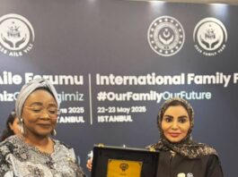 Minister of Women Affairs, Hon Imaan Sulaiman-Ibrahim (left) and Dr. Amthal Hadi Al-Huwailah, Minister of Social Affairs, Family, and Childhood Affairs, Kuwait at the ongoing International Family Forum (IFF) in Turkey