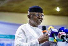 The Honourable Minister of Water Resources and Sanitation, Engr. Prof. Joseph Terlumun Utsev delivering his Keynote address at the Retreat and Inauguration Ceremony for the Newly Appointed Chairmen of Governing Boards and Executive Management Team of the River Basin Development Authorities on Friday 2nd May 2025 in Abuja