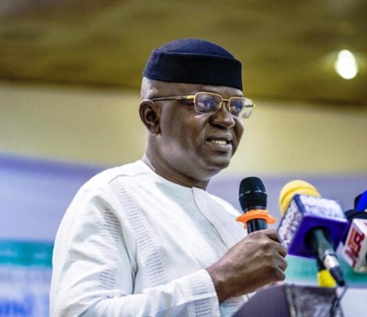 The Honourable Minister of Water Resources and Sanitation, Engr. Prof. Joseph Terlumun Utsev delivering his Keynote address at the Retreat and Inauguration Ceremony for the Newly Appointed Chairmen of Governing Boards and Executive Management Team of the River Basin Development Authorities on Friday 2nd May 2025 in Abuja
