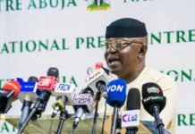 The Honourable Minister of Water Resources and Sanitation, Engr. Prof. Joseph Terlumun Utsev presenting his scorecard in the Water and Sanitation Sector during the 8th edition of the Ministerial Press Briefing in Abuja