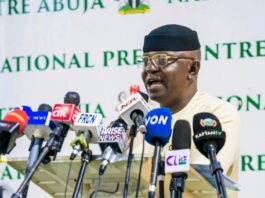 The Honourable Minister of Water Resources and Sanitation, Engr. Prof. Joseph Terlumun Utsev presenting his scorecard in the Water and Sanitation Sector during the 8th edition of the Ministerial Press Briefing in Abuja