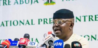 The Honourable Minister of Water Resources and Sanitation, Engr. Prof. Joseph Terlumun Utsev presenting his scorecard in the Water and Sanitation Sector during the 8th edition of the Ministerial Press Briefing in Abuja