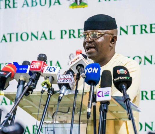 The Honourable Minister of Water Resources and Sanitation, Engr. Prof. Joseph Terlumun Utsev presenting his scorecard in the Water and Sanitation Sector during the 8th edition of the Ministerial Press Briefing in Abuja