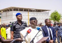 The Honourable Minister of Water Resources and Sanitation, Engr. Prof. Joseph Terlumun Utsev, delivering his address at the commissioning and handover ceremony of the Gashua Water Supply Scheme, located in Filin Tanda, Gashua, Yobe State, today, Tuesday, 6th May 2025.