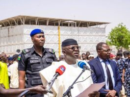The Honourable Minister of Water Resources and Sanitation, Engr. Prof. Joseph Terlumun Utsev, delivering his address at the commissioning and handover ceremony of the Gashua Water Supply Scheme, located in Filin Tanda, Gashua, Yobe State, today, Tuesday, 6th May 2025.