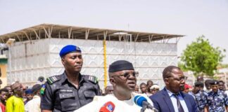 The Honourable Minister of Water Resources and Sanitation, Engr. Prof. Joseph Terlumun Utsev, delivering his address at the commissioning and handover ceremony of the Gashua Water Supply Scheme, located in Filin Tanda, Gashua, Yobe State, today, Tuesday, 6th May 2025.