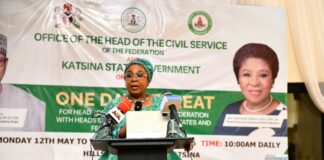 Head of the Civil Service of the Federation, Mrs. Didi Esther Walson-Jack, OOO, mni delivering her opening remarks at the One Day Retreat for Head of the Civil Service of the Federation with Heads of Service from the 36 States and the FCT, held at the Hillside Royal Suites, Kastina on Tuesday, 13th May, 2025.