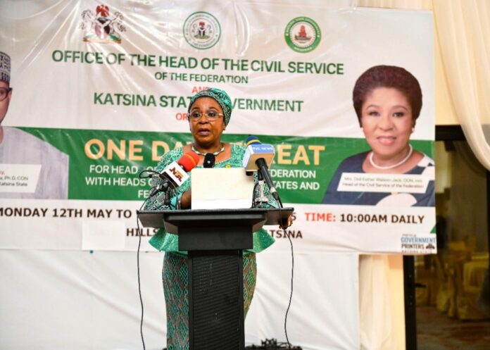 Inaugural Heads of Civil Service Retreat in Katsina Head of the Civil Service of the Federation, Mrs. Didi Esther Walson-Jack, OOO, mni delivering her opening remarks at the One Day Retreat for Head of the Civil Service of the Federation with Heads of Service from the 36 States and the FCT, held at the Hillside Royal Suites, Kastina on Tuesday, 13th May, 2025.