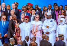 R-L: Chadian President Mahamat Idriss Deby Itno; Guinea's transitional President, General Mamady Doumbouya and his wife, Lauriane Doumbouya; Nigeria's Vice President Kashim Shettima; and new Gabonese President, Brice Clotaire Oligui Nguema during the swearing-in of President Nguema as the new President of Gabon at the Stade de l'Amitié sino-gabonaise in Libreville, Gabon, on Saturday (03/05/2025).