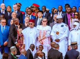 R-L: Chadian President Mahamat Idriss Deby Itno; Guinea's transitional President, General Mamady Doumbouya and his wife, Lauriane Doumbouya; Nigeria's Vice President Kashim Shettima; and new Gabonese President, Brice Clotaire Oligui Nguema during the swearing-in of President Nguema as the new President of Gabon at the Stade de l'Amitié sino-gabonaise in Libreville, Gabon, on Saturday (03/05/2025).