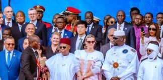 R-L: Chadian President Mahamat Idriss Deby Itno; Guinea's transitional President, General Mamady Doumbouya and his wife, Lauriane Doumbouya; Nigeria's Vice President Kashim Shettima; and new Gabonese President, Brice Clotaire Oligui Nguema during the swearing-in of President Nguema as the new President of Gabon at the Stade de l'Amitié sino-gabonaise in Libreville, Gabon, on Saturday (03/05/2025).