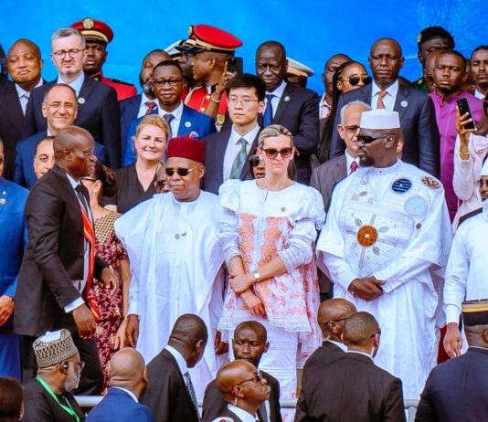 R-L: Chadian President Mahamat Idriss Deby Itno; Guinea's transitional President, General Mamady Doumbouya and his wife, Lauriane Doumbouya; Nigeria's Vice President Kashim Shettima; and new Gabonese President, Brice Clotaire Oligui Nguema during the swearing-in of President Nguema as the new President of Gabon at the Stade de l'Amitié sino-gabonaise in Libreville, Gabon, on Saturday (03/05/2025).