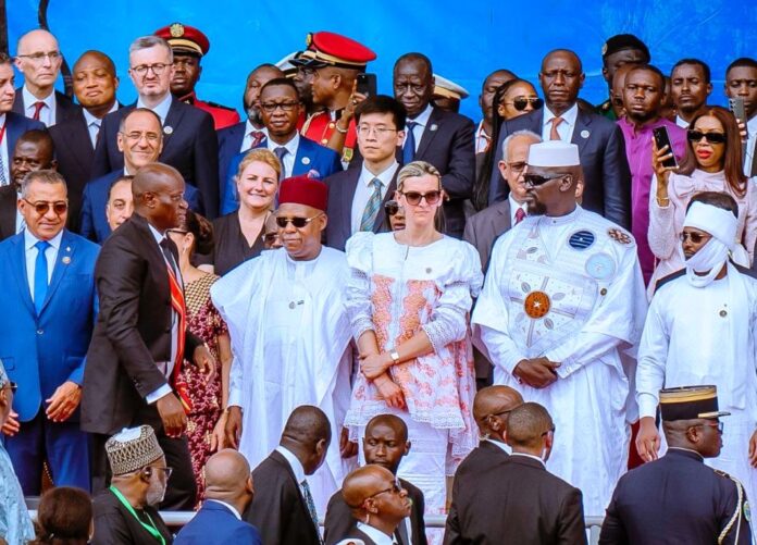 Inauguration Of Gabon President R-L: Chadian President Mahamat Idriss Deby Itno; Guinea's transitional President, General Mamady Doumbouya and his wife, Lauriane Doumbouya; Nigeria's Vice President Kashim Shettima; and new Gabonese President, Brice Clotaire Oligui Nguema during the swearing-in of President Nguema as the new President of Gabon at the Stade de l'AmitiƩ sino-gabonaise in Libreville, Gabon, on Saturday (03/05/2025).