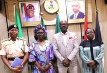 L-R: *Kemi Nanna Nandap* , CG, NIS; *Dimanche Sharon* , IOM Nigeria Chief of Mission; *Dr.* *Olubunmi Tunji-Ojo* , Minister of Interior and *Dr.* *Magdalene Ajani* , Permanent Secretary, Ministry of Interior