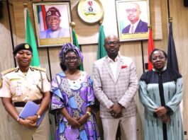 L-R: *Kemi Nanna Nandap* , CG, NIS; *Dimanche Sharon* , IOM Nigeria Chief of Mission; *Dr.* *Olubunmi Tunji-Ojo* , Minister of Interior and *Dr.* *Magdalene Ajani* , Permanent Secretary, Ministry of Interior