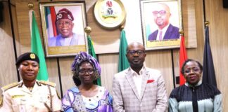 L-R: *Kemi Nanna Nandap* , CG, NIS; *Dimanche Sharon* , IOM Nigeria Chief of Mission; *Dr.* *Olubunmi Tunji-Ojo* , Minister of Interior and *Dr.* *Magdalene Ajani* , Permanent Secretary, Ministry of Interior