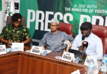First from the right is Hon. Minister of Youth Development, Comrade Ayodele Olawande, 2nd right is Permanent Secretary, Federal Ministry of Youth Development, Mr Olubunmi Olusanya, 1st from left is Director General of the NYSC, Brig. Gen.Olakunle Oluseye seated as Mentors to commemorate this year's International Day of the Boy-Child in his Office in Abuja.