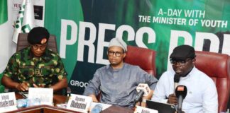 First from the right is Hon. Minister of Youth Development, Comrade Ayodele Olawande, 2nd right is Permanent Secretary, Federal Ministry of Youth Development, Mr Olubunmi Olusanya, 1st from left is Director General of the NYSC, Brig. Gen.Olakunle Oluseye seated as Mentors to commemorate this year's International Day of the Boy-Child in his Office in Abuja.