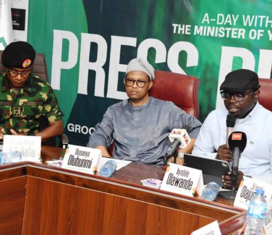 First from the right is Hon. Minister of Youth Development, Comrade Ayodele Olawande, 2nd right is Permanent Secretary, Federal Ministry of Youth Development, Mr Olubunmi Olusanya, 1st from left is Director General of the NYSC, Brig. Gen.Olakunle Oluseye seated as Mentors to commemorate this year's International Day of the Boy-Child in his Office in Abuja.