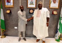Hon. Chairman FCSC, Prof. Tunji Olaopa (R) with the Gambia Ministry of Public Service (GMPS)-Permanent Secretary, Mr. Sheriff Jallow; during Jallow’s courtesy visit to the Commission.