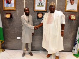 Hon. Chairman FCSC, Prof. Tunji Olaopa (R) with the Gambia Ministry of Public Service (GMPS)-Permanent Secretary, Mr. Sheriff Jallow; during Jallow’s courtesy visit to the Commission.