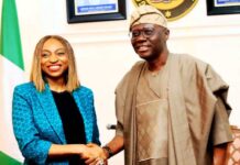 The Executive Governor of Lagos State, H. E. Babajide Sanwo-Olu, in a handshake with the Hon. Min. of Trade and Investment, Dr. Jumoke Oduwole during a courtesy visit to the Governor as part of the ongoing National Council on Industry, Trade and Investment in Lagos.