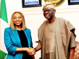 The Executive Governor of Lagos State, H. E. Babajide Sanwo-Olu, in a handshake with the Hon. Min. of Trade and Investment, Dr. Jumoke Oduwole during a courtesy visit to the Governor as part of the ongoing National Council on Industry, Trade and Investment in Lagos.