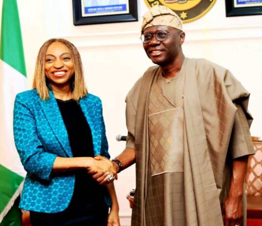 The Executive Governor of Lagos State, H. E. Babajide Sanwo-Olu, in a handshake with the Hon. Min. of Trade and Investment, Dr. Jumoke Oduwole during a courtesy visit to the Governor as part of the ongoing National Council on Industry, Trade and Investment in Lagos.