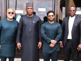 L-R: The Vice Chairman Premium Steel and Mines Ltd, Mahesh Vaswani; the Honourable Minister of Steel Development, Prince Shuaibu Abubakar Audu; MD/CEO, Premium Steel and Mines Ltd PSML, Sahil Vaswani with the Permanent Secretary, Ministry of Steel Development, Dr. Chris Osa Isokpunwu during the Facility Tour of Premium Steel and Mines Ltd Aladja, Delta State on Thursday, 22nd of May 2025.