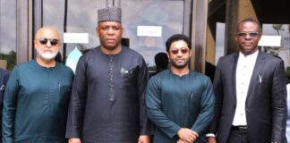 L-R: The Vice Chairman Premium Steel and Mines Ltd, Mahesh Vaswani; the Honourable Minister of Steel Development, Prince Shuaibu Abubakar Audu; MD/CEO, Premium Steel and Mines Ltd PSML, Sahil Vaswani with the Permanent Secretary, Ministry of Steel Development, Dr. Chris Osa Isokpunwu during the Facility Tour of Premium Steel and Mines Ltd Aladja, Delta State on Thursday, 22nd of May 2025.