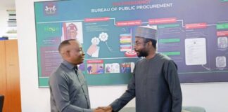 L-R: Director-General, Bureau of Public Procurement (BPP) Dr. Adebowale A. Adedokun, MCIPS, ACFE welcomes his National Information Technology Development Agency (NITDA) counterpart Dr. Kashifu Inuwa Abdullahi during his visit to BPP in Abuja