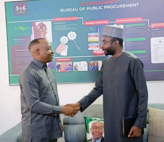 L-R: Director-General, Bureau of Public Procurement (BPP) Dr. Adebowale A. Adedokun, MCIPS, ACFE welcomes his National Information Technology Development Agency (NITDA) counterpart Dr. Kashifu Inuwa Abdullahi during his visit to BPP in Abuja