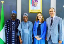 L-R: Permanent Secretary, Federal Ministry of Transportation, Mr. Olufemi Oloruntola; Honourable Minister of Marine and Blue Economy, His Excellency Adegboyega Oyetola, CON; Political Counsellor at the Embassy of France in Nigeria, Ms. Alice Ellenbogen and the Ambassador of France to Nigeria, His Excellency Marc Fonbaustier, when the Ambassador visited Oyetola in Abuja on Wednesday.
