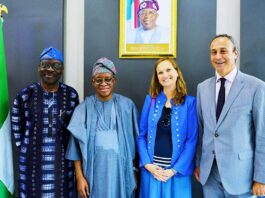 L-R: Permanent Secretary, Federal Ministry of Transportation, Mr. Olufemi Oloruntola; Honourable Minister of Marine and Blue Economy, His Excellency Adegboyega Oyetola, CON; Political Counsellor at the Embassy of France in Nigeria, Ms. Alice Ellenbogen and the Ambassador of France to Nigeria, His Excellency Marc Fonbaustier, when the Ambassador visited Oyetola in Abuja on Wednesday.