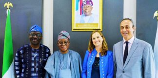 L-R: Permanent Secretary, Federal Ministry of Transportation, Mr. Olufemi Oloruntola; Honourable Minister of Marine and Blue Economy, His Excellency Adegboyega Oyetola, CON; Political Counsellor at the Embassy of France in Nigeria, Ms. Alice Ellenbogen and the Ambassador of France to Nigeria, His Excellency Marc Fonbaustier, when the Ambassador visited Oyetola in Abuja on Wednesday.