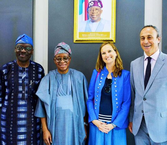 L-R: Permanent Secretary, Federal Ministry of Transportation, Mr. Olufemi Oloruntola; Honourable Minister of Marine and Blue Economy, His Excellency Adegboyega Oyetola, CON; Political Counsellor at the Embassy of France in Nigeria, Ms. Alice Ellenbogen and the Ambassador of France to Nigeria, His Excellency Marc Fonbaustier, when the Ambassador visited Oyetola in Abuja on Wednesday.
