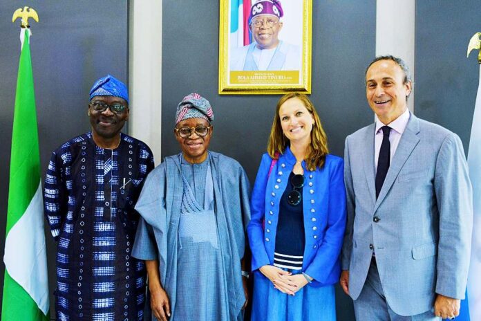 Nigeria’s IMO Council Bid L-R: Permanent Secretary, Federal Ministry of Transportation, Mr. Olufemi Oloruntola; Honourable Minister of Marine and Blue Economy, His Excellency Adegboyega Oyetola, CON; Political Counsellor at the Embassy of France in Nigeria, Ms. Alice Ellenbogen and the Ambassador of France to Nigeria, His Excellency Marc Fonbaustier, when the Ambassador visited Oyetola in Abuja on Wednesday.