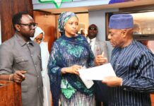 L-R: The Honourable Minister, Federal Ministry of Youth Development, Comrade Ayodele Olawande, the Special Adviser to the President on Policy and Coordination, Hajiya Hadiza Bala Usman, and the Honourable Minister, Federal Ministry of Education, Dr. Maruf Tunji Alausa, during the inauguration of the NYSC Reform Committee.