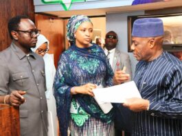L-R: The Honourable Minister, Federal Ministry of Youth Development, Comrade Ayodele Olawande, the Special Adviser to the President on Policy and Coordination, Hajiya Hadiza Bala Usman, and the Honourable Minister, Federal Ministry of Education, Dr. Maruf Tunji Alausa, during the inauguration of the NYSC Reform Committee.